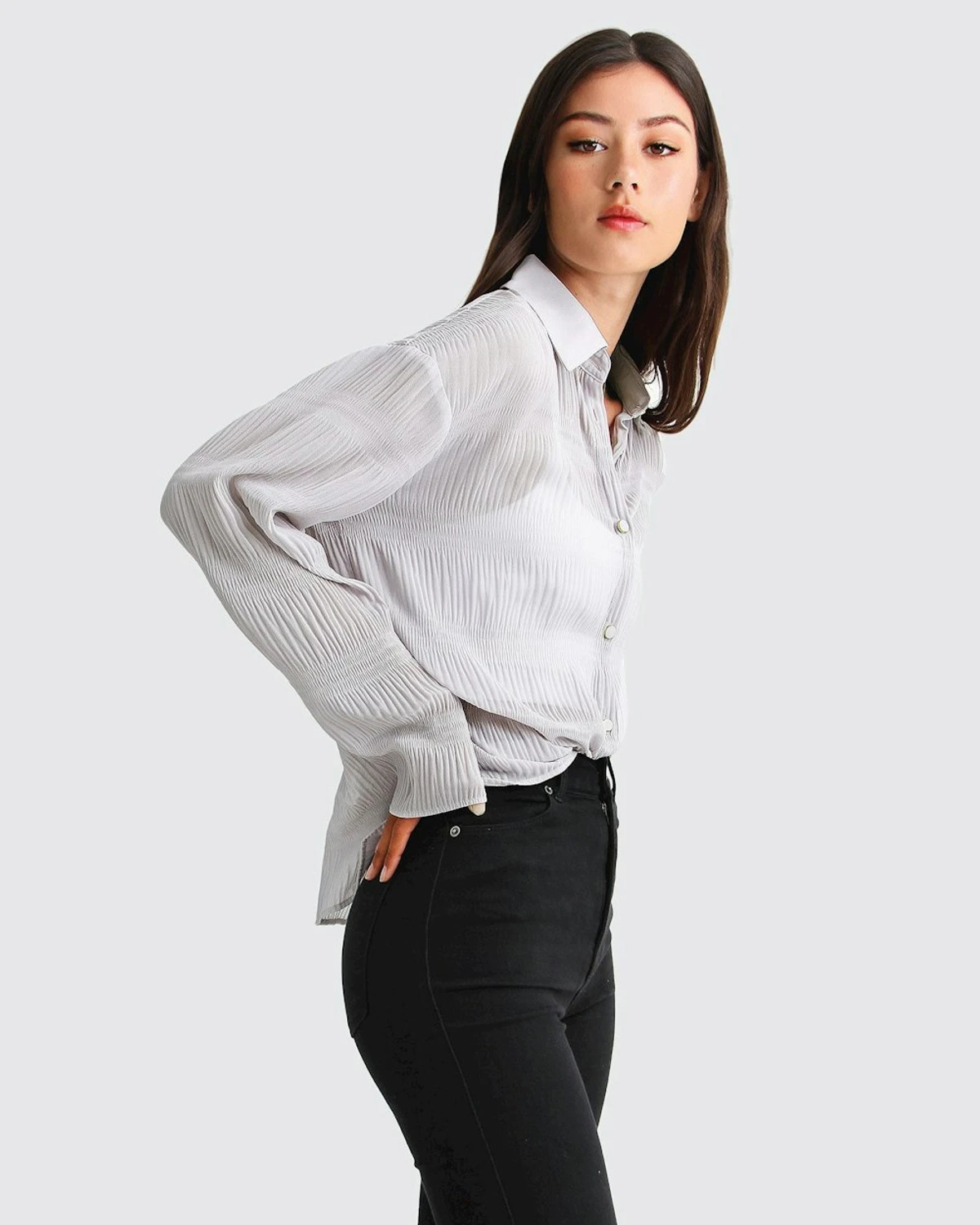Yoko Shirred Chiffon Blouse - Grey 2 Yoko Shirred Chiffon Blouse - Grey - Image 2