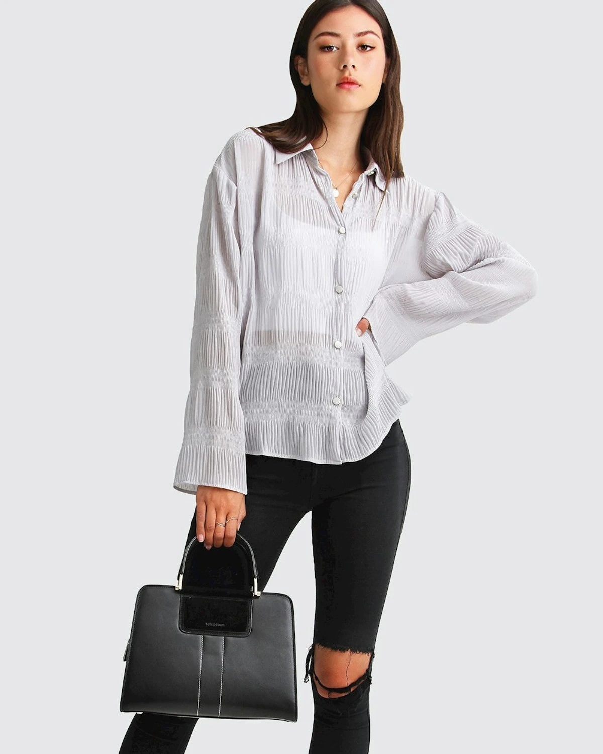 Yoko Shirred Chiffon Blouse - Grey 6 Yoko Shirred Chiffon Blouse - Grey - Image 6